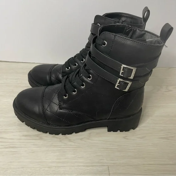 Xoxo Women’s Black Combat Boots Size 5 Faux Leather Side Zip Lace Up Buckle EUC - Picture 3 of 8
